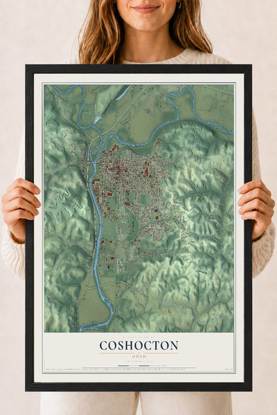 Map of Coshocton, Ohio, 18 x 24 inch print in a black wood frame