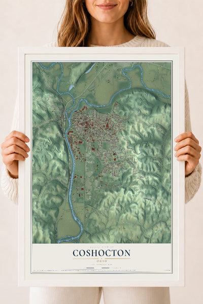 Map of Coshocton, Ohio, 18 x 24 inch print in a white wood frame