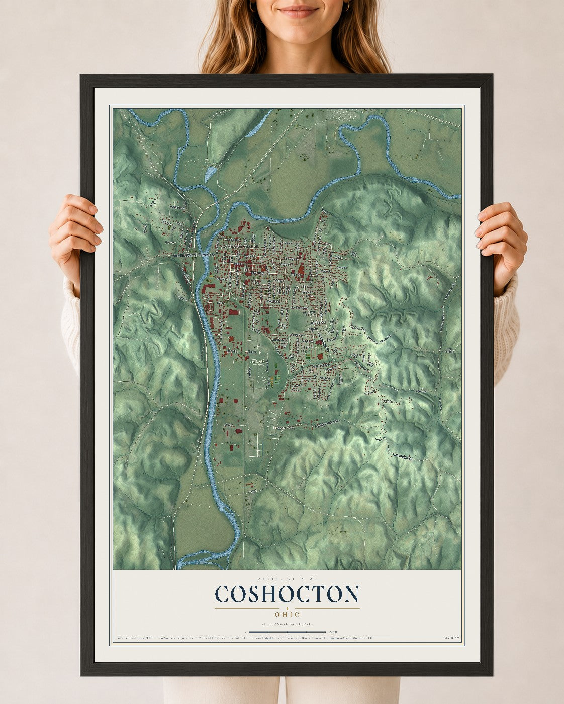 Map of Coshocton, Ohio, 24 x 36 inch print in a black wood frame