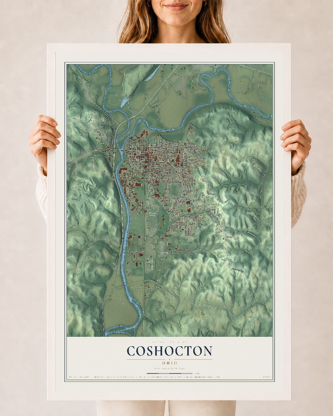 Map of Coshocton, Ohio, 24 x 36 inch print in a white wood frame