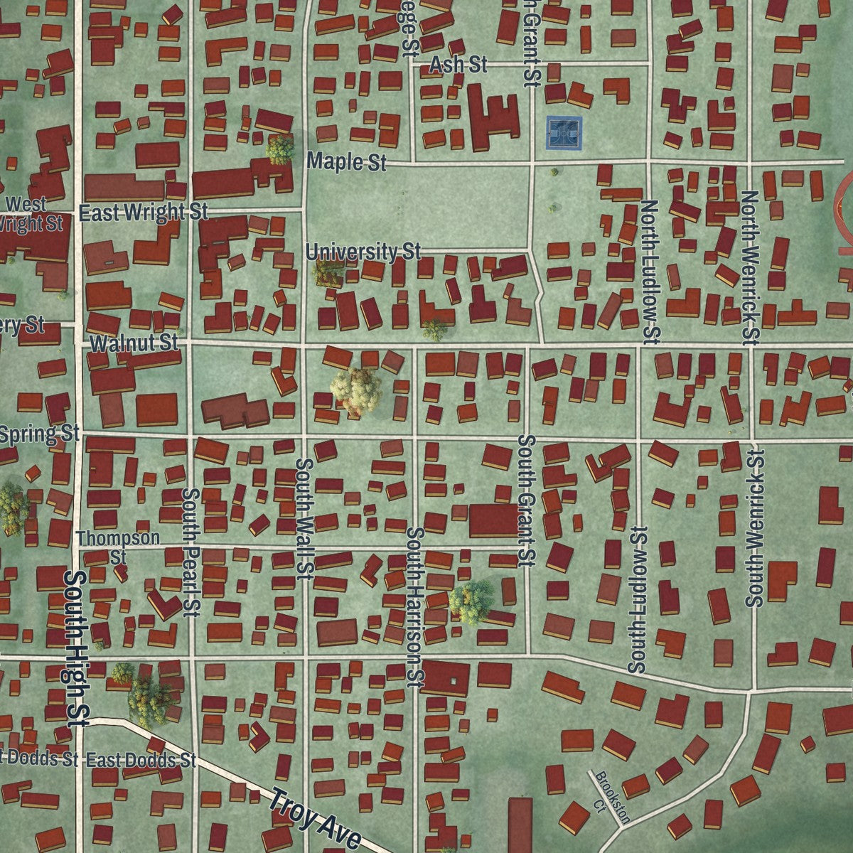 Close-up of the map of Covington, Ohio print showing street and building detail