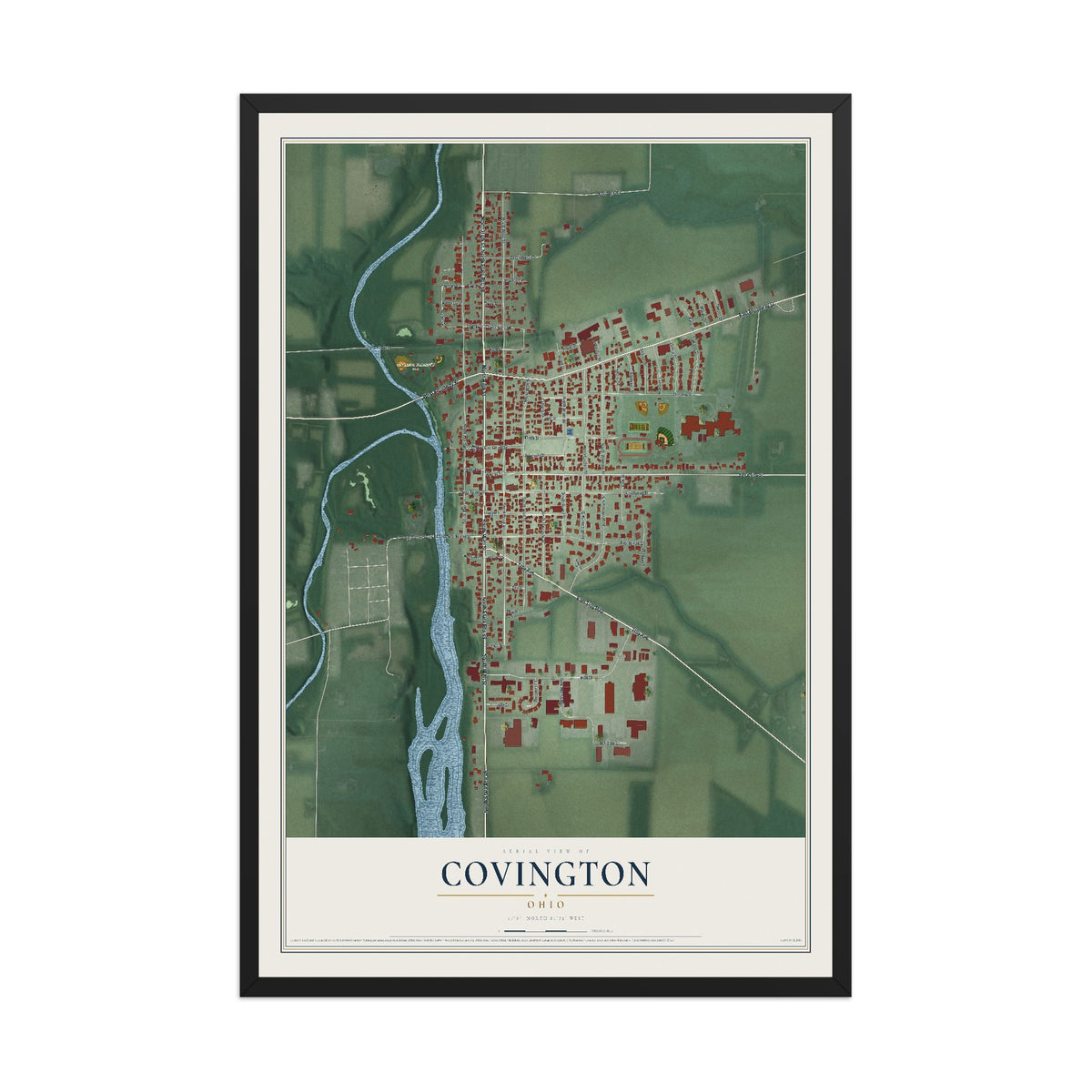 Map of Covington, Ohio, 12 x 18 inch print in a black wood frame