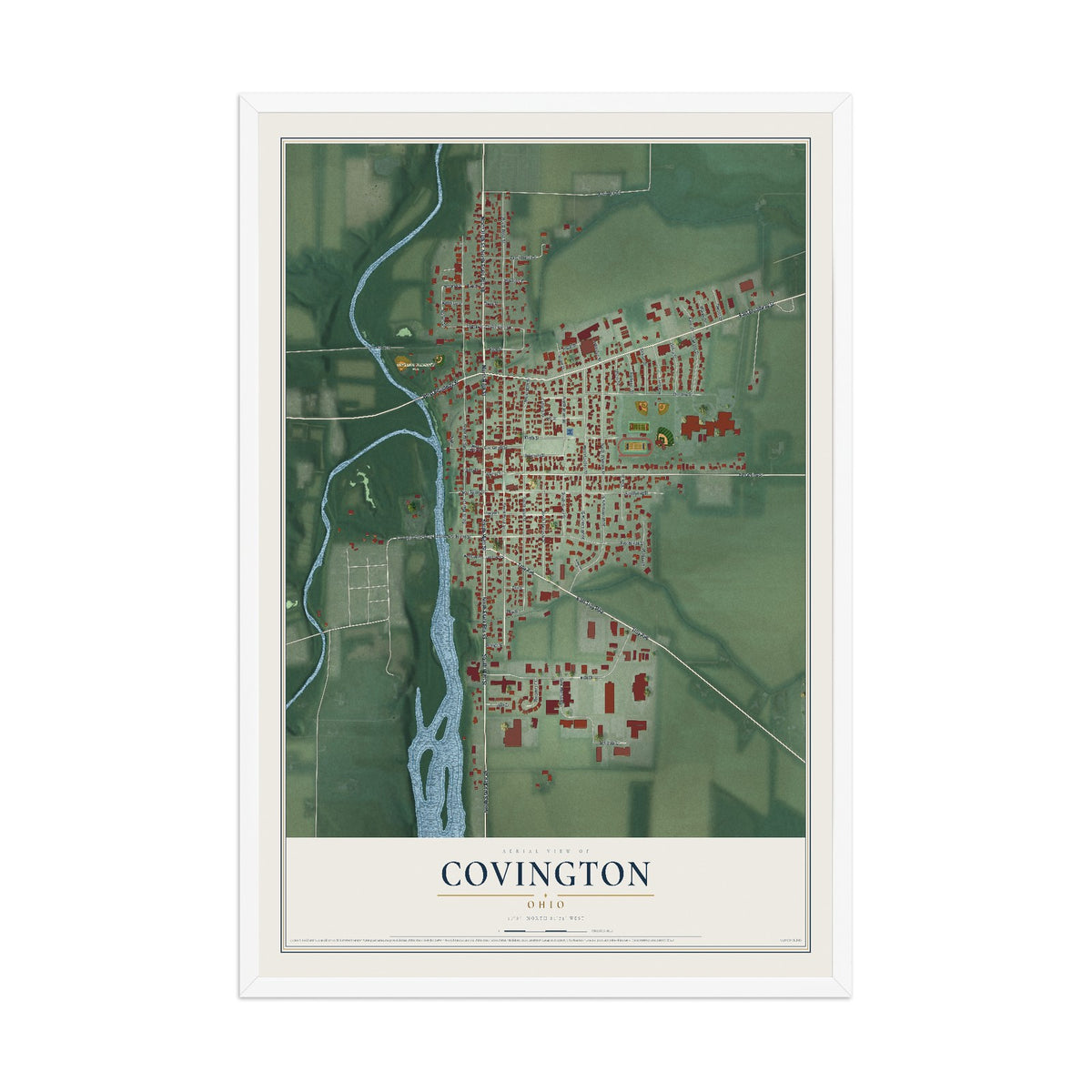 Map of Covington, Ohio, 12 x 18 inch print in a white wood frame
