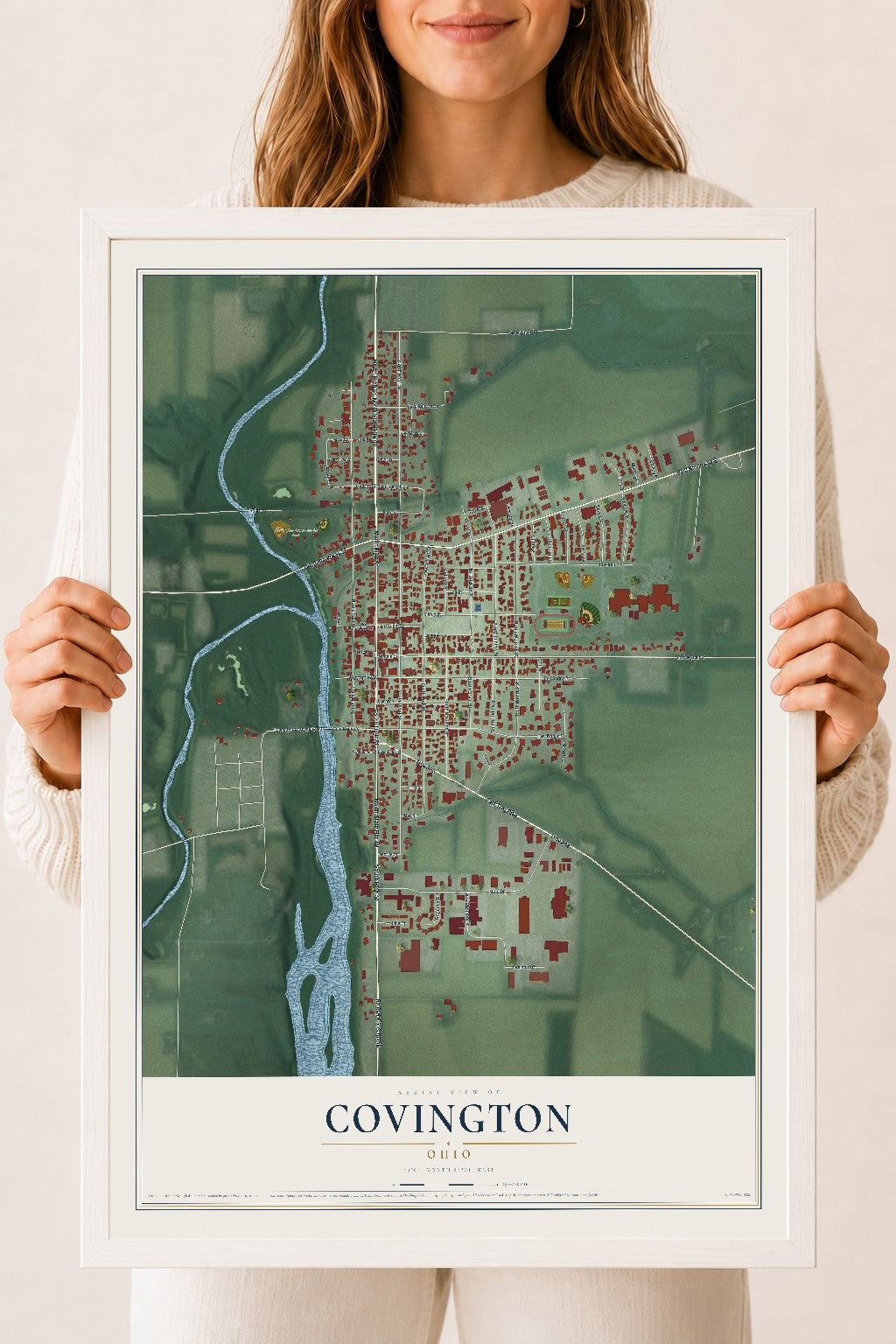 Map of Covington, Ohio, 18 x 24 inch print in a white wood frame