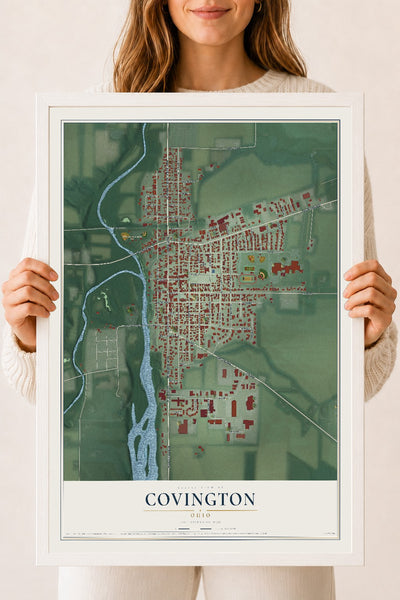 Map of Covington, Ohio, 18 x 24 inch print in a white wood frame