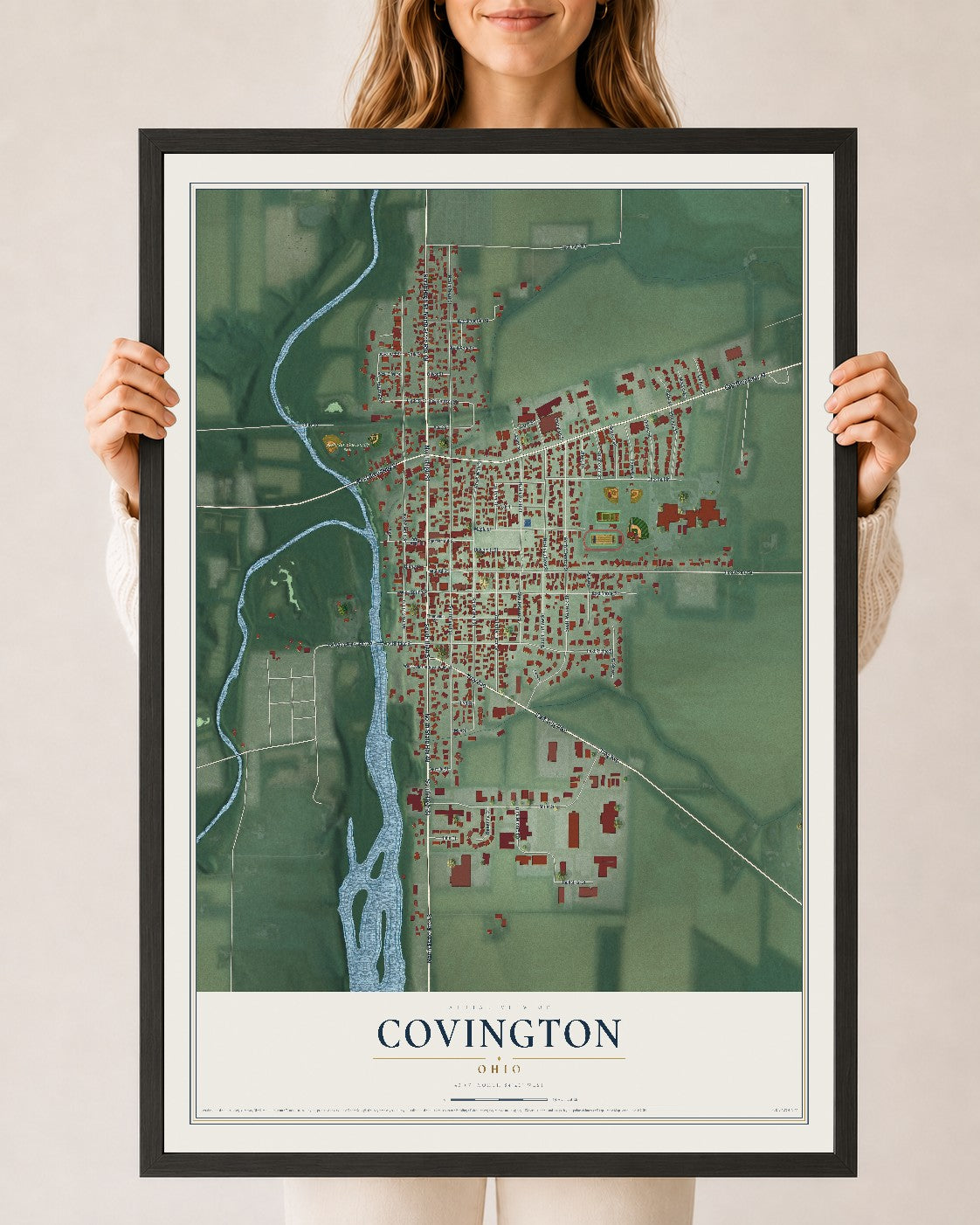 Map of Covington, Ohio, 24 x 36 inch print in a black wood frame
