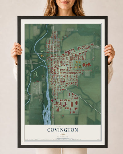 Map of Covington, Ohio, 24 x 36 inch print in a black wood frame