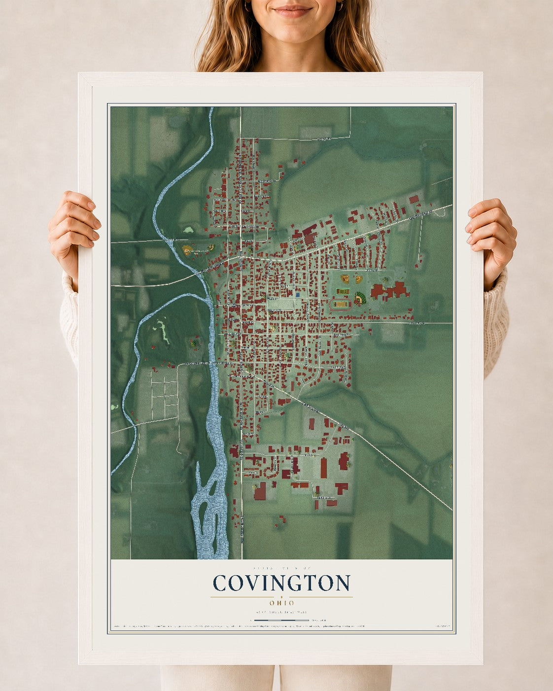 Map of Covington, Ohio, 24 x 36 inch print in a white wood frame