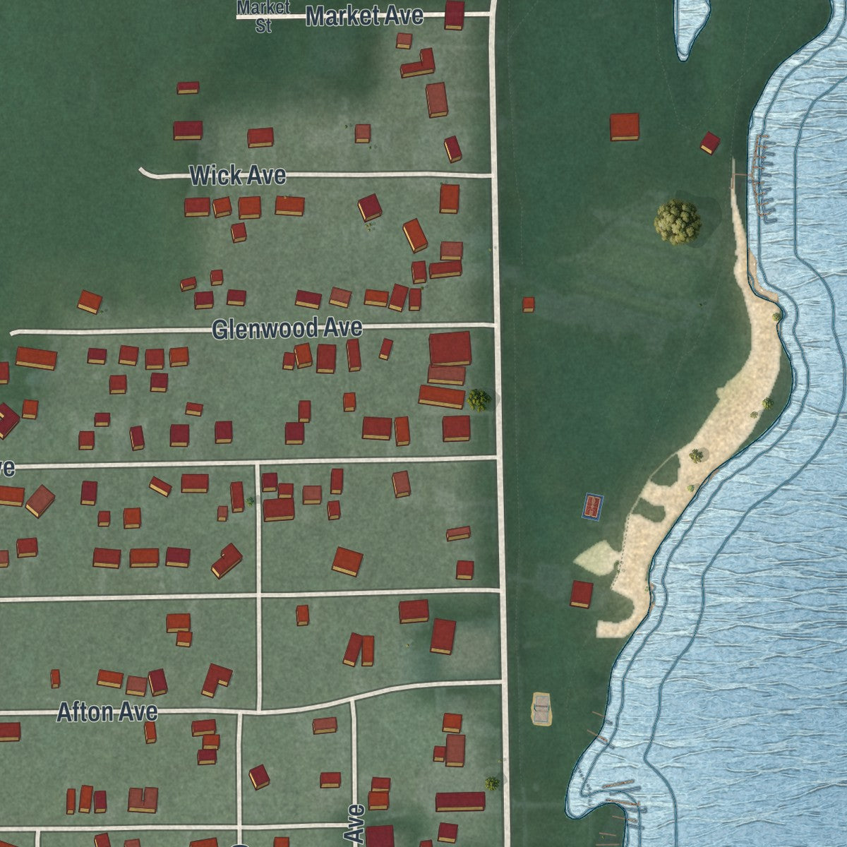 Second close-up of the map of Craig Beach, Ohio print showing more streets and buildings