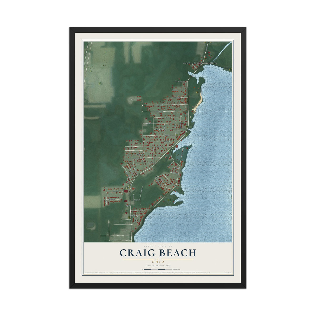 Map of Craig Beach, Ohio, 12 x 18 inch print in a black wood frame