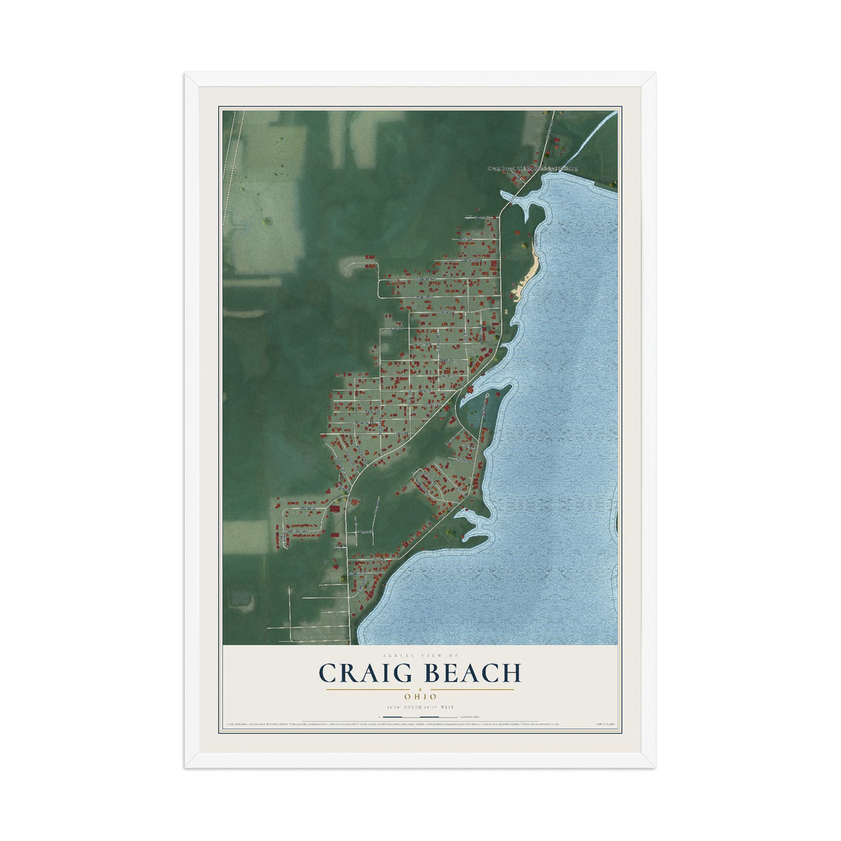 Map of Craig Beach, Ohio, 12 x 18 inch print in a white wood frame