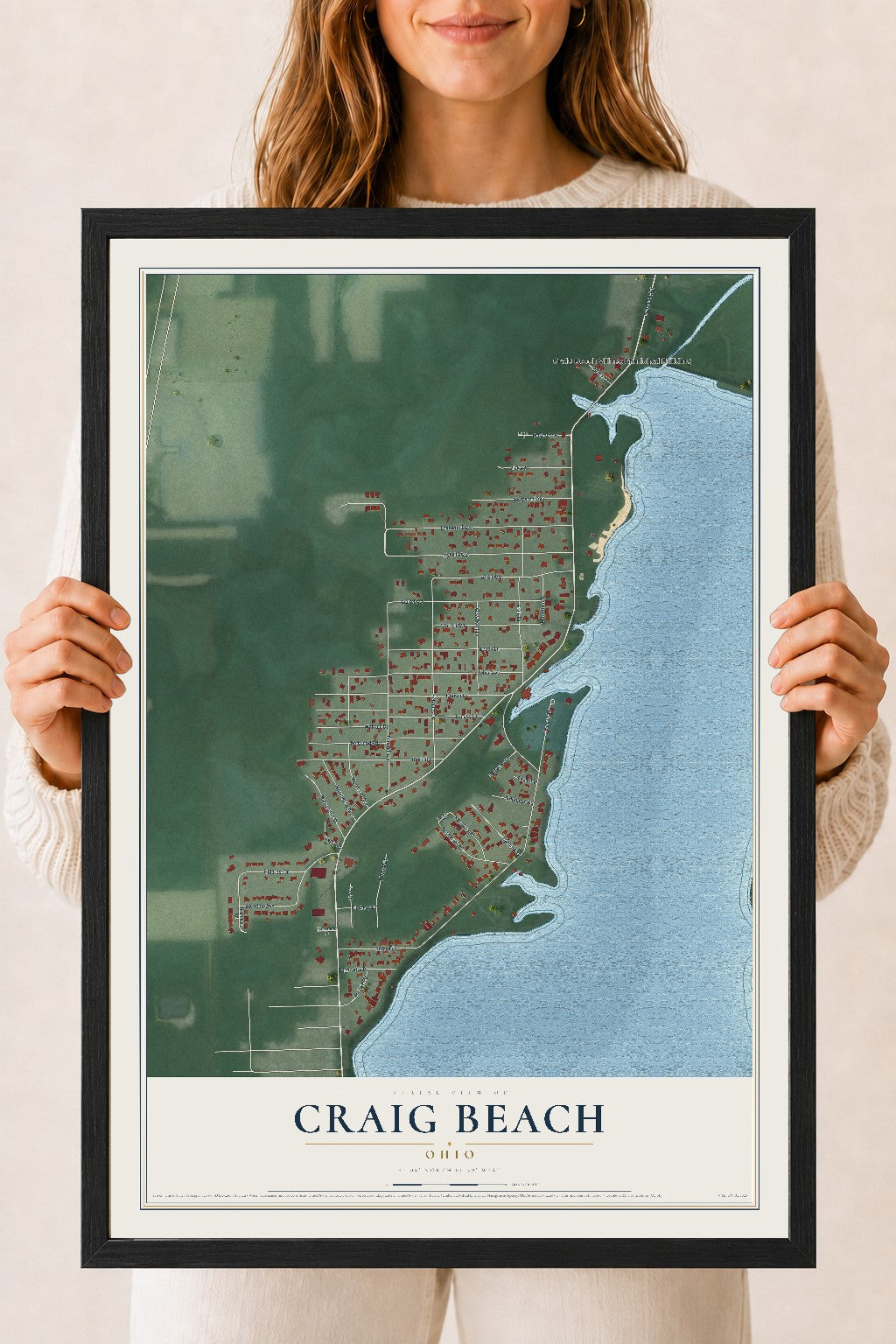 Map of Craig Beach, Ohio, 18 x 24 inch print in a black wood frame