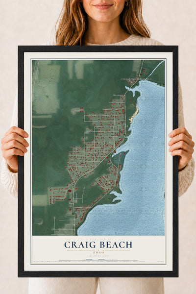 Map of Craig Beach, Ohio, 18 x 24 inch print in a black wood frame