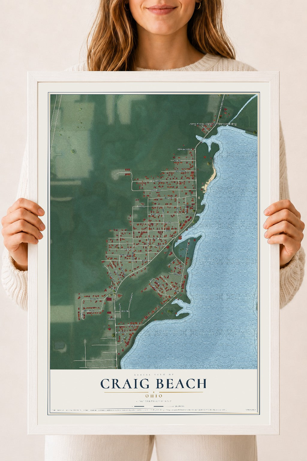 Map of Craig Beach, Ohio, 18 x 24 inch print in a white wood frame
