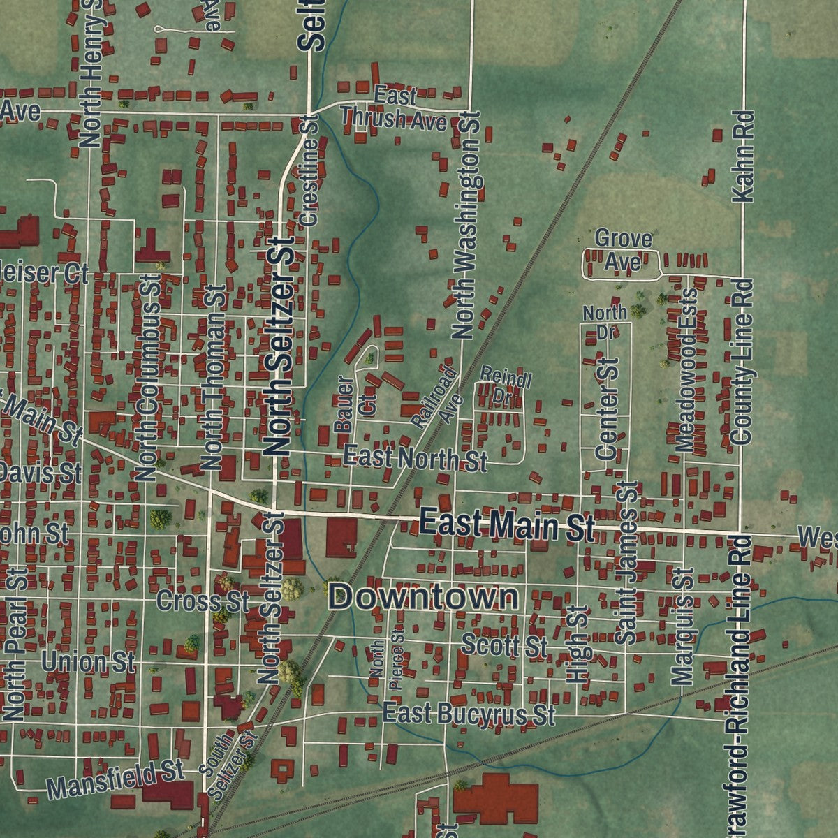 Close-up of the map of Crestline, Ohio print showing street and building detail