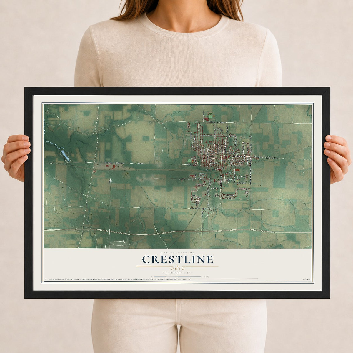 Map of Crestline, Ohio, 12 x 18 inch print in a black wood frame