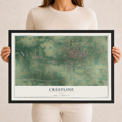 Map of Crestline, Ohio, 12 x 18 inch print in a black wood frame