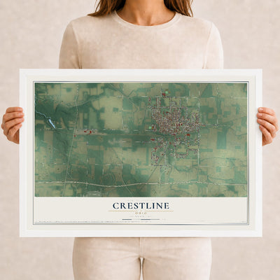 Map of Crestline, Ohio, 12 x 18 inch print in a white wood frame