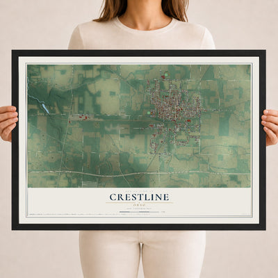 Map of Crestline, Ohio, 18 x 24 inch print in a black wood frame