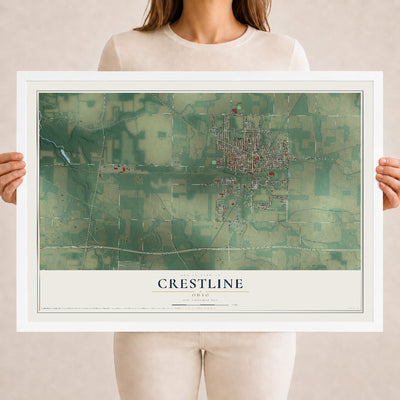 Map of Crestline, Ohio, 18 x 24 inch print in a white wood frame