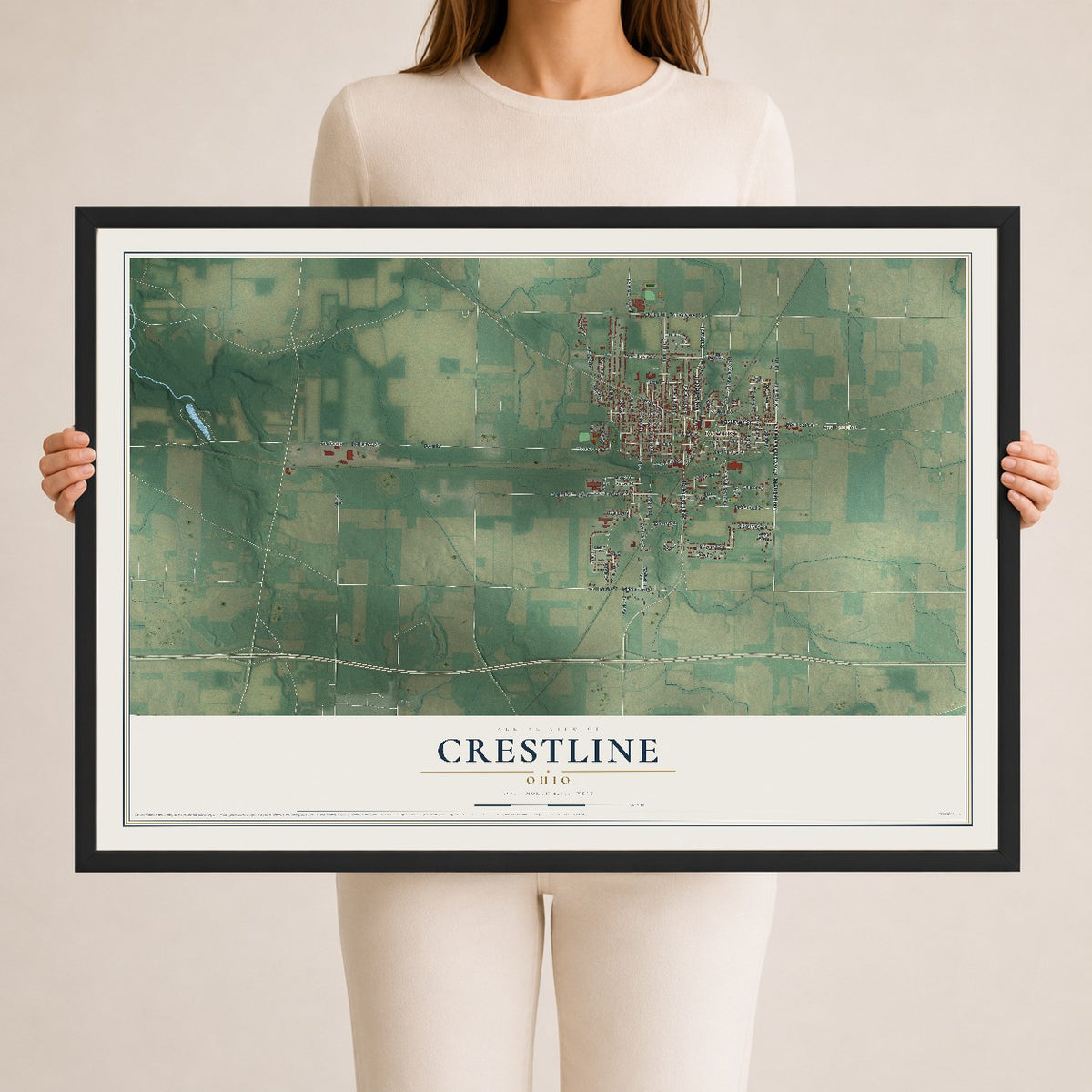 Map of Crestline, Ohio, 24 x 36 inch print in a black wood frame