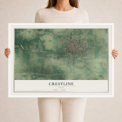 Map of Crestline, Ohio, 24 x 36 inch print in a white wood frame