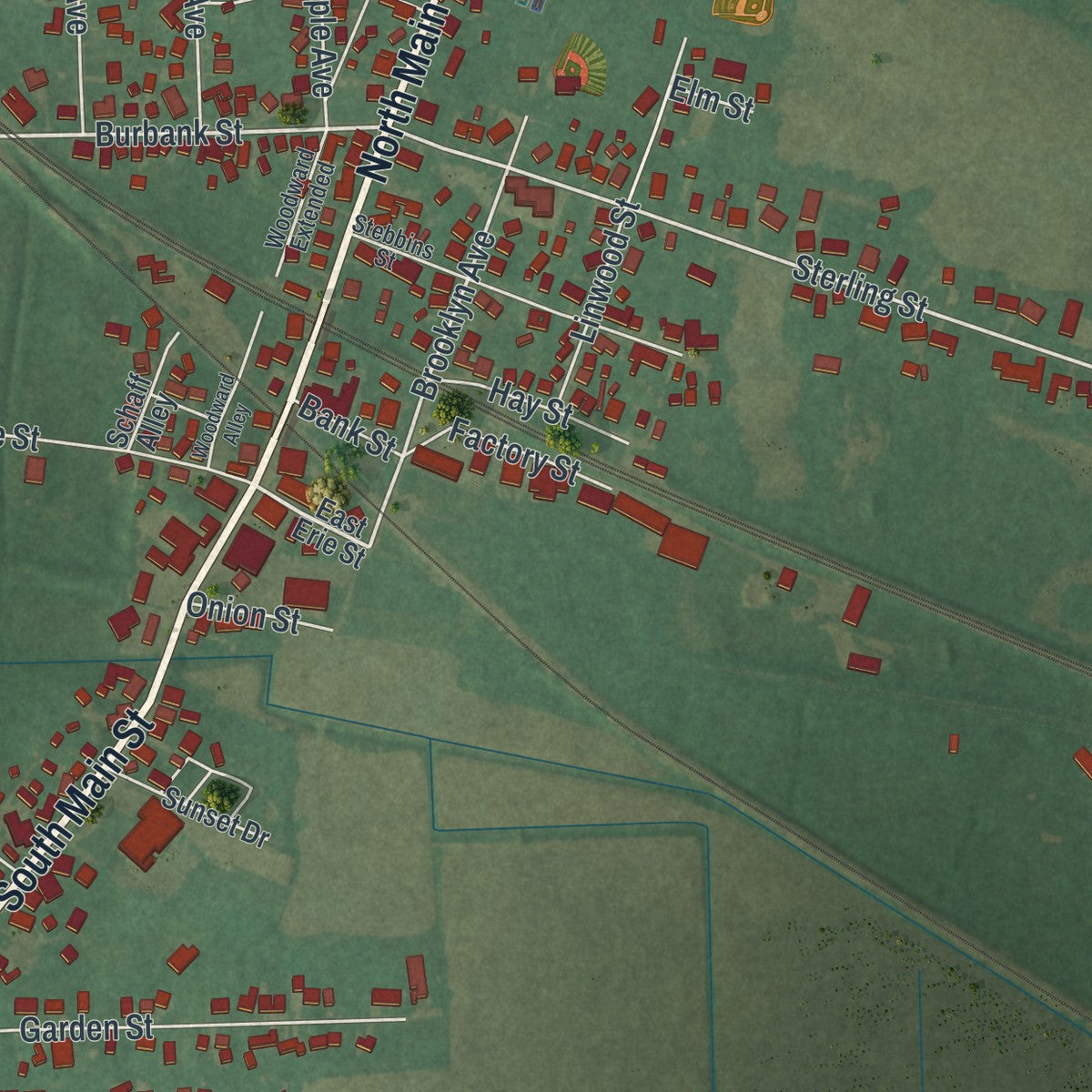 Close-up of the map of Creston, Ohio print showing street and building detail