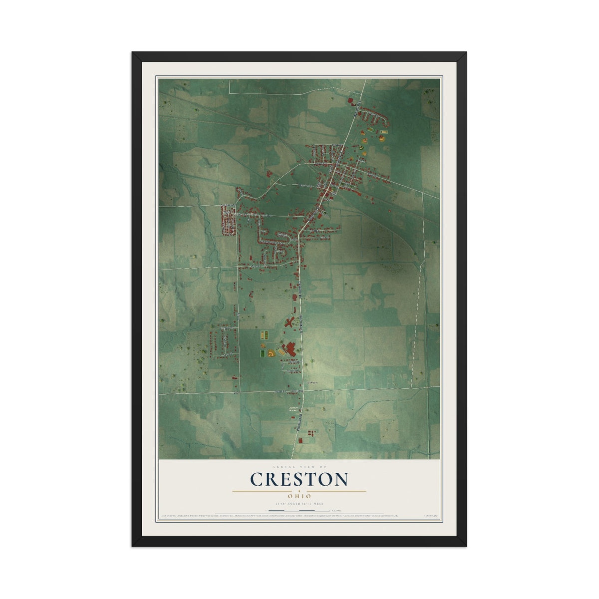 Map of Creston, Ohio, 12 x 18 inch print in a black wood frame