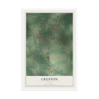 Map of Creston, Ohio, 12 x 18 inch print in a white wood frame