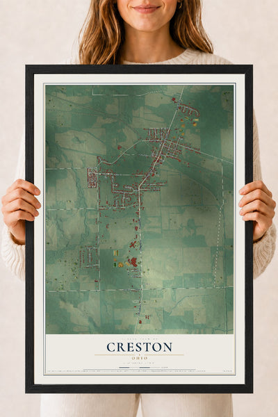 Map of Creston, Ohio, 18 x 24 inch print in a black wood frame