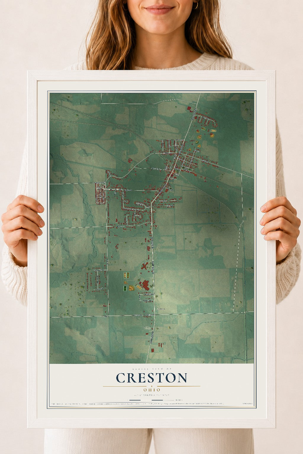 Map of Creston, Ohio, 18 x 24 inch print in a white wood frame