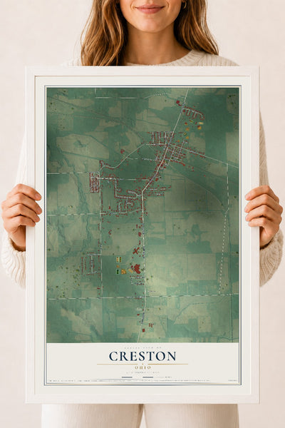Map of Creston, Ohio, 18 x 24 inch print in a white wood frame