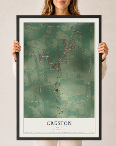 Map of Creston, Ohio, 24 x 36 inch print in a black wood frame