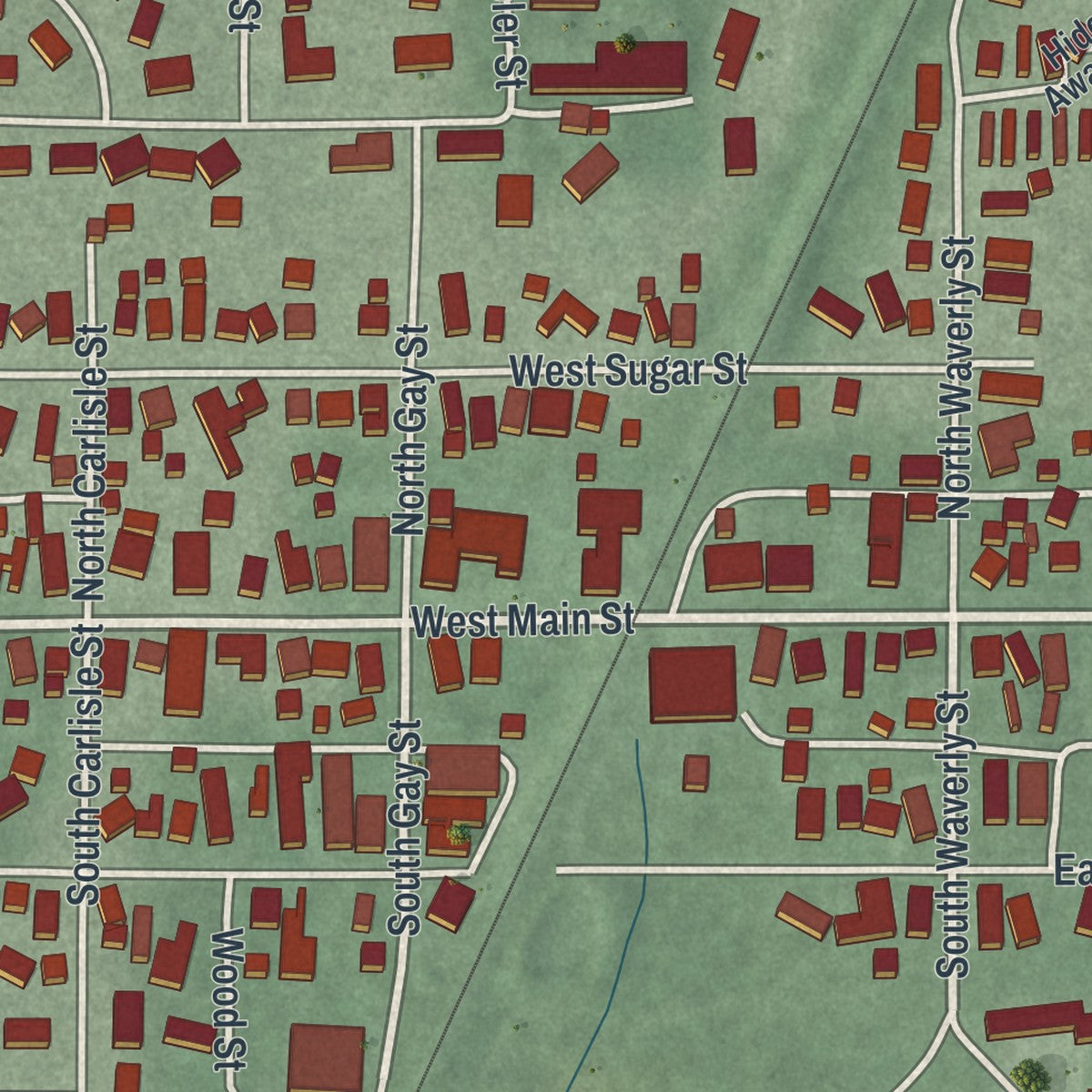 Close-up of the map of Cridersville, Ohio print showing street and building detail