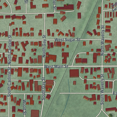 Close-up of the map of Cridersville, Ohio print showing street and building detail