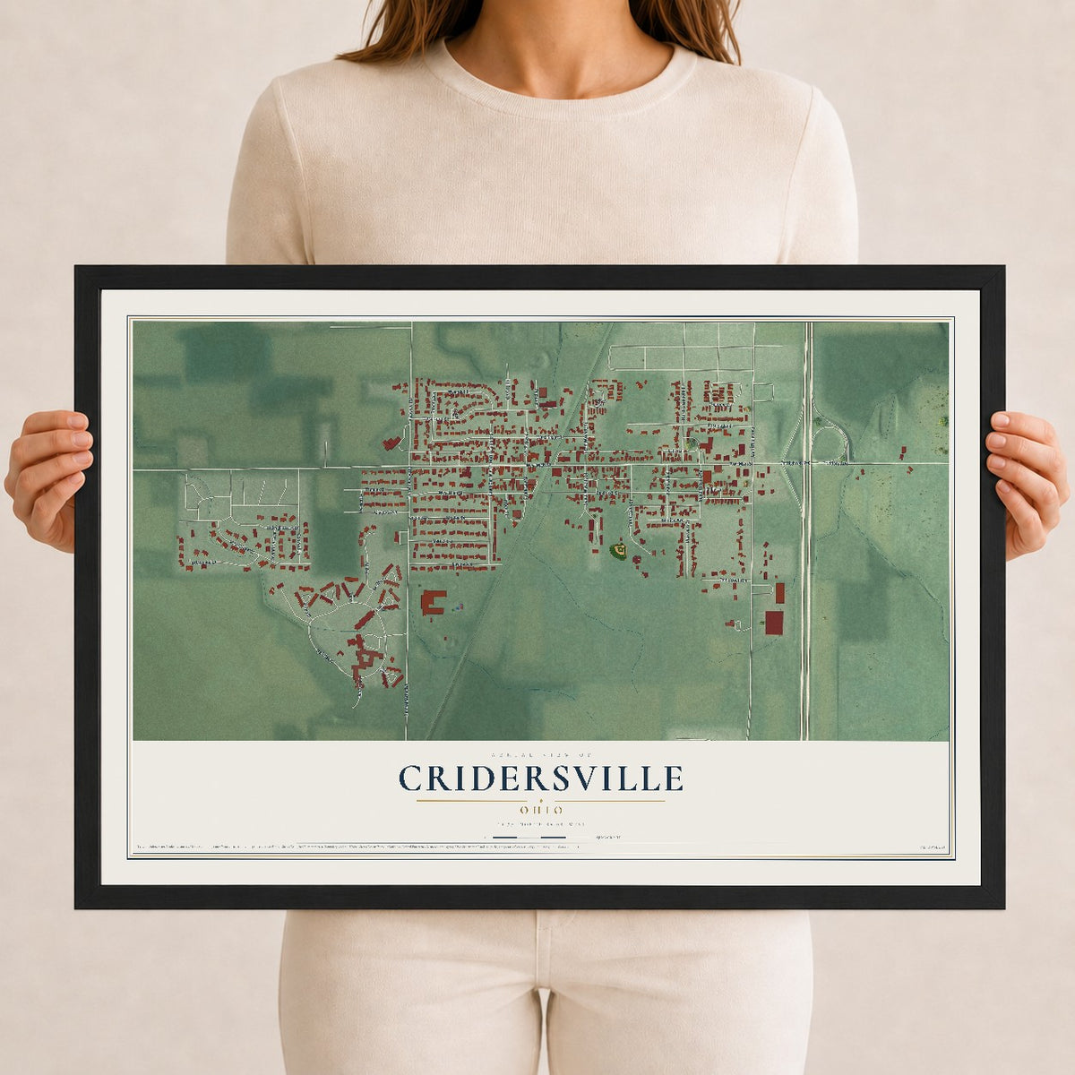 Map of Cridersville, Ohio, 12 x 18 inch print in a black wood frame