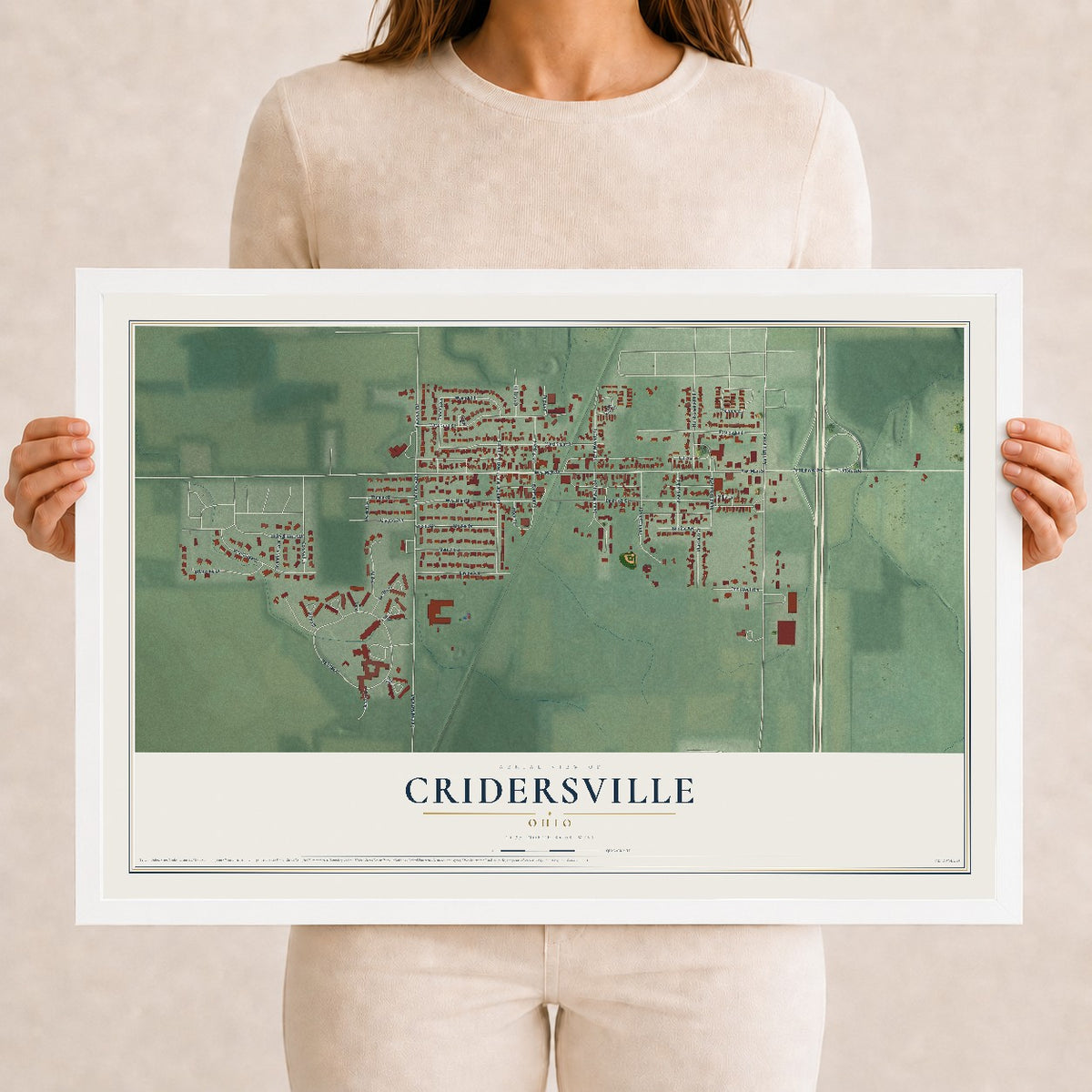 Map of Cridersville, Ohio, 12 x 18 inch print in a white wood frame