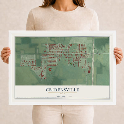 Map of Cridersville, Ohio, 12 x 18 inch print in a white wood frame