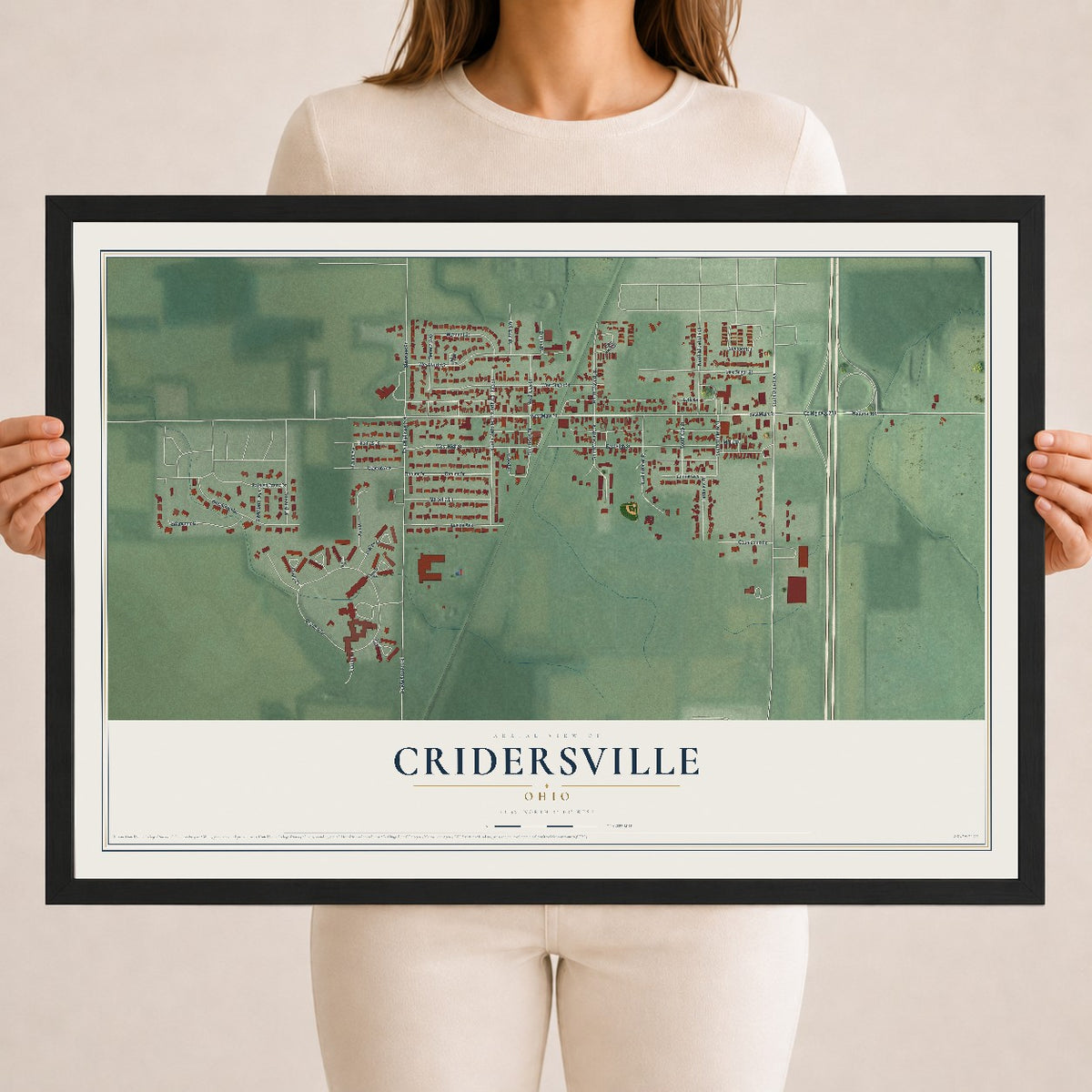 Map of Cridersville, Ohio, 18 x 24 inch print in a black wood frame