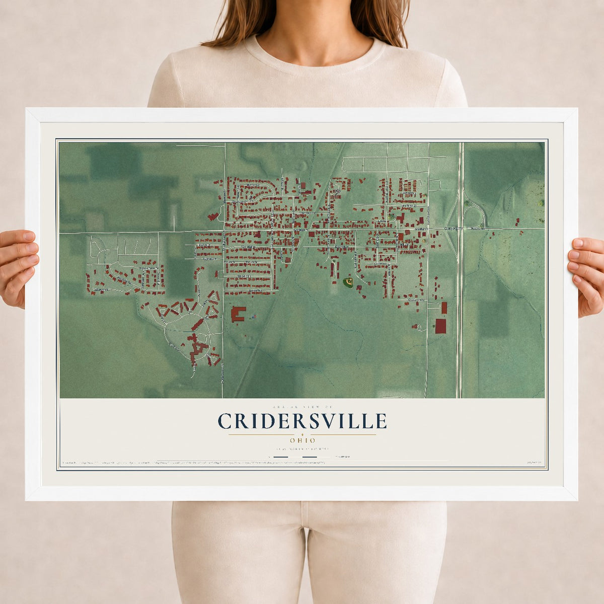 Map of Cridersville, Ohio, 18 x 24 inch print in a white wood frame