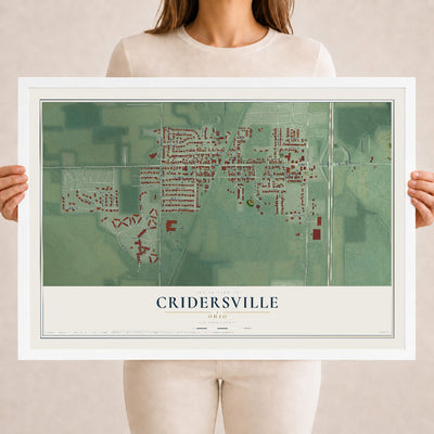 Map of Cridersville, Ohio, 18 x 24 inch print in a white wood frame