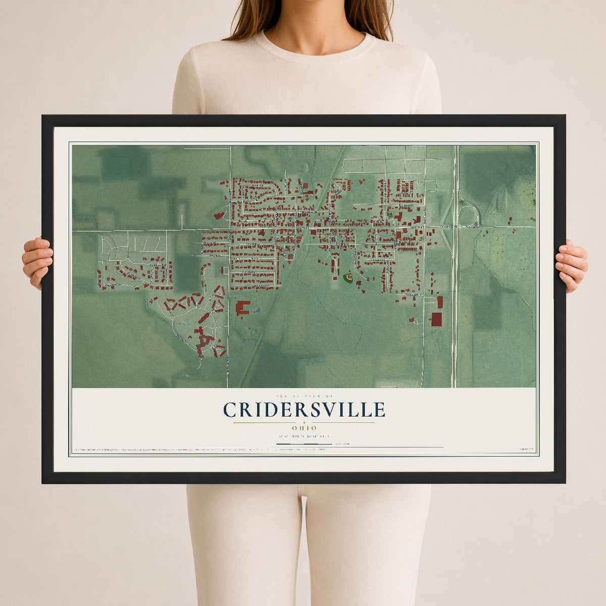 Map of Cridersville, Ohio, 24 x 36 inch print in a black wood frame