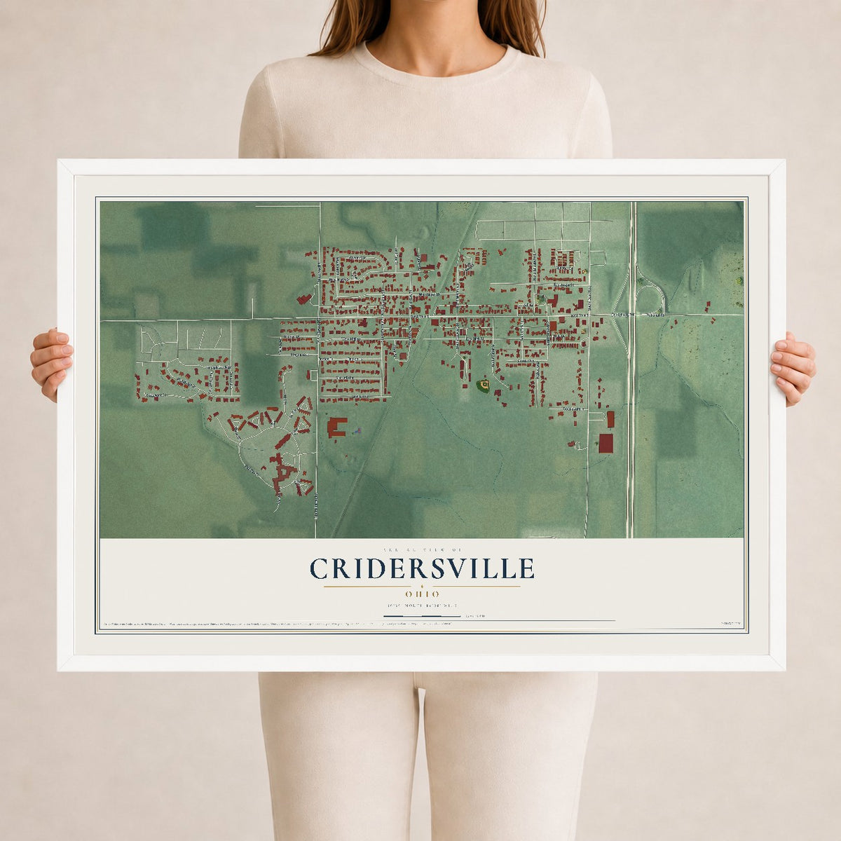 Map of Cridersville, Ohio, 24 x 36 inch print in a white wood frame