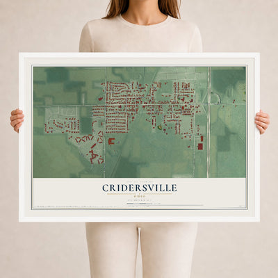 Map of Cridersville, Ohio, 24 x 36 inch print in a white wood frame