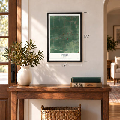 Crissey, Ohio map, 12 x 18 inch print in a black frame in an entryway