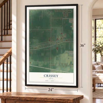 Crissey, Ohio map, 24 x 36 inch print in a black frame by a staircase