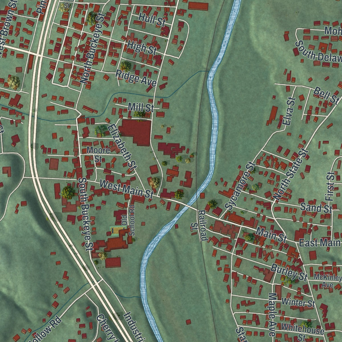Close-up of the map of Crooksville, Ohio print showing street and building detail