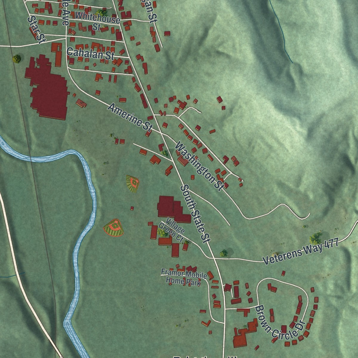 Second close-up of the map of Crooksville, Ohio print showing more streets and buildings