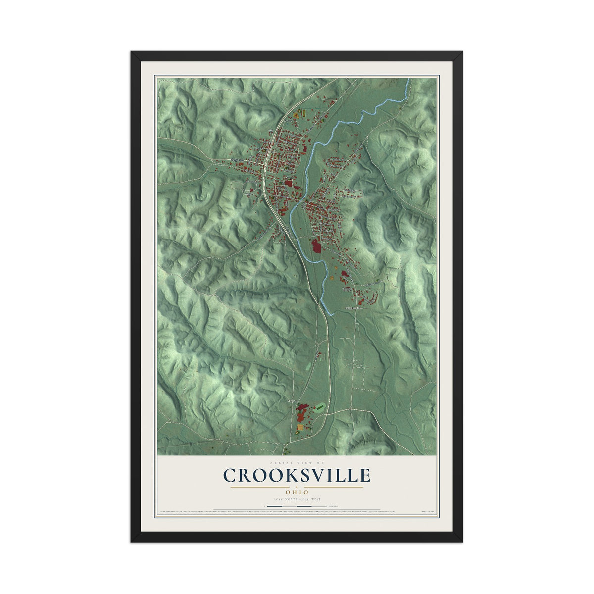 Map of Crooksville, Ohio, 12 x 18 inch print in a black wood frame