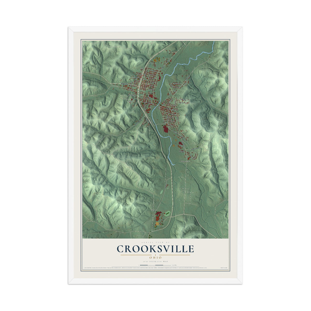 Map of Crooksville, Ohio, 12 x 18 inch print in a white wood frame